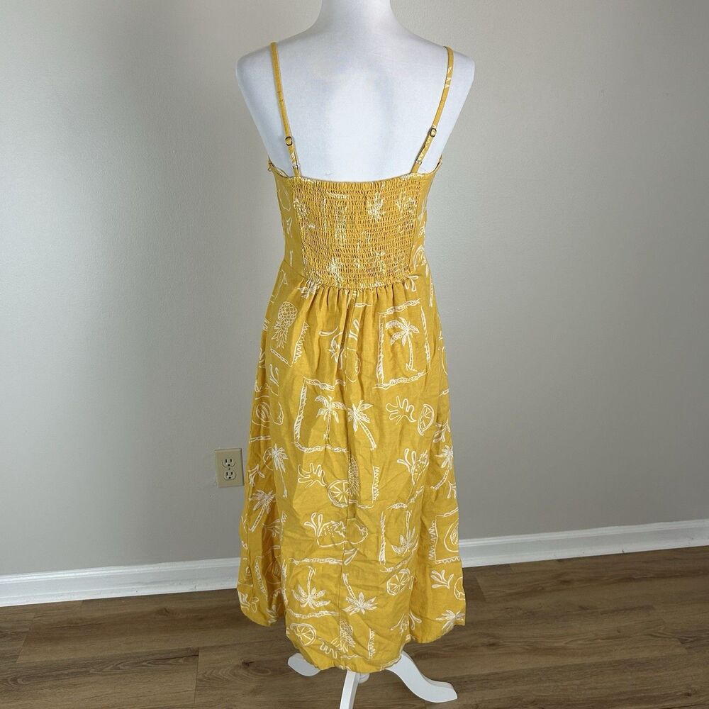 Japna M Dress Yellow Linen Framed Fruit Tropical Vacation Resort Beach Coastal - Picture 2 of 3